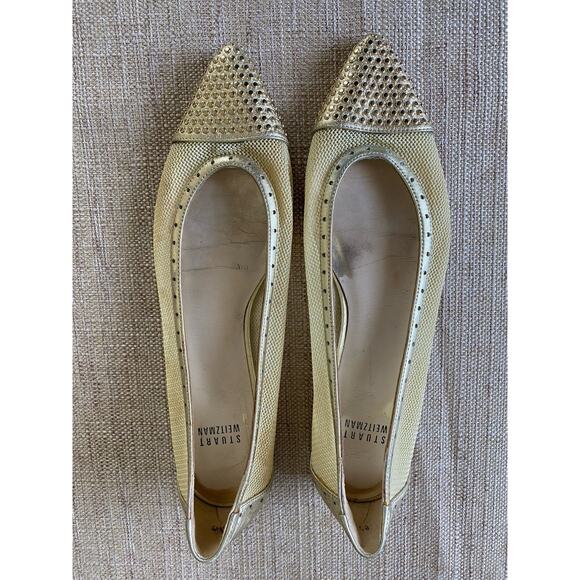 STUART WEITZMAN Leather Studded Cap-toe Mesh Tipper Flats shoes Women Gold 8.5 M - Picture 3 of 9